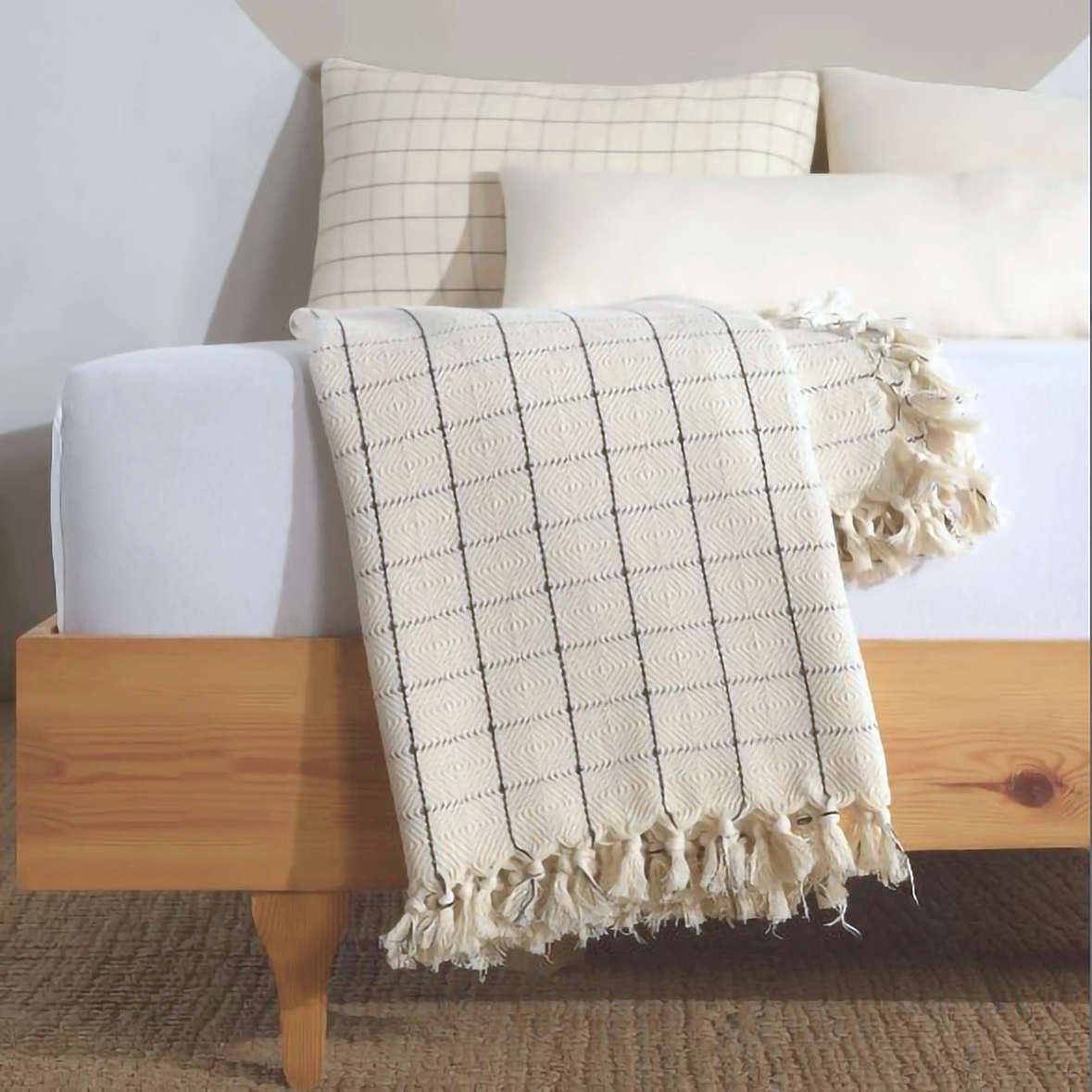Minimalist 100% Turkish Cotton Throw Blankets & Bedspreads: Cream Checkered / Throw Size: 51x79 inch