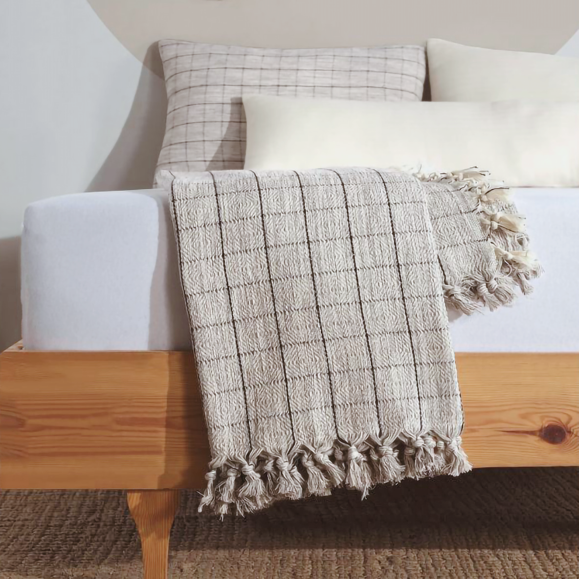 Minimalist 100% Turkish Cotton Throw Blankets & Bedspreads: Cream Checkered / Throw Size: 51x79 inch