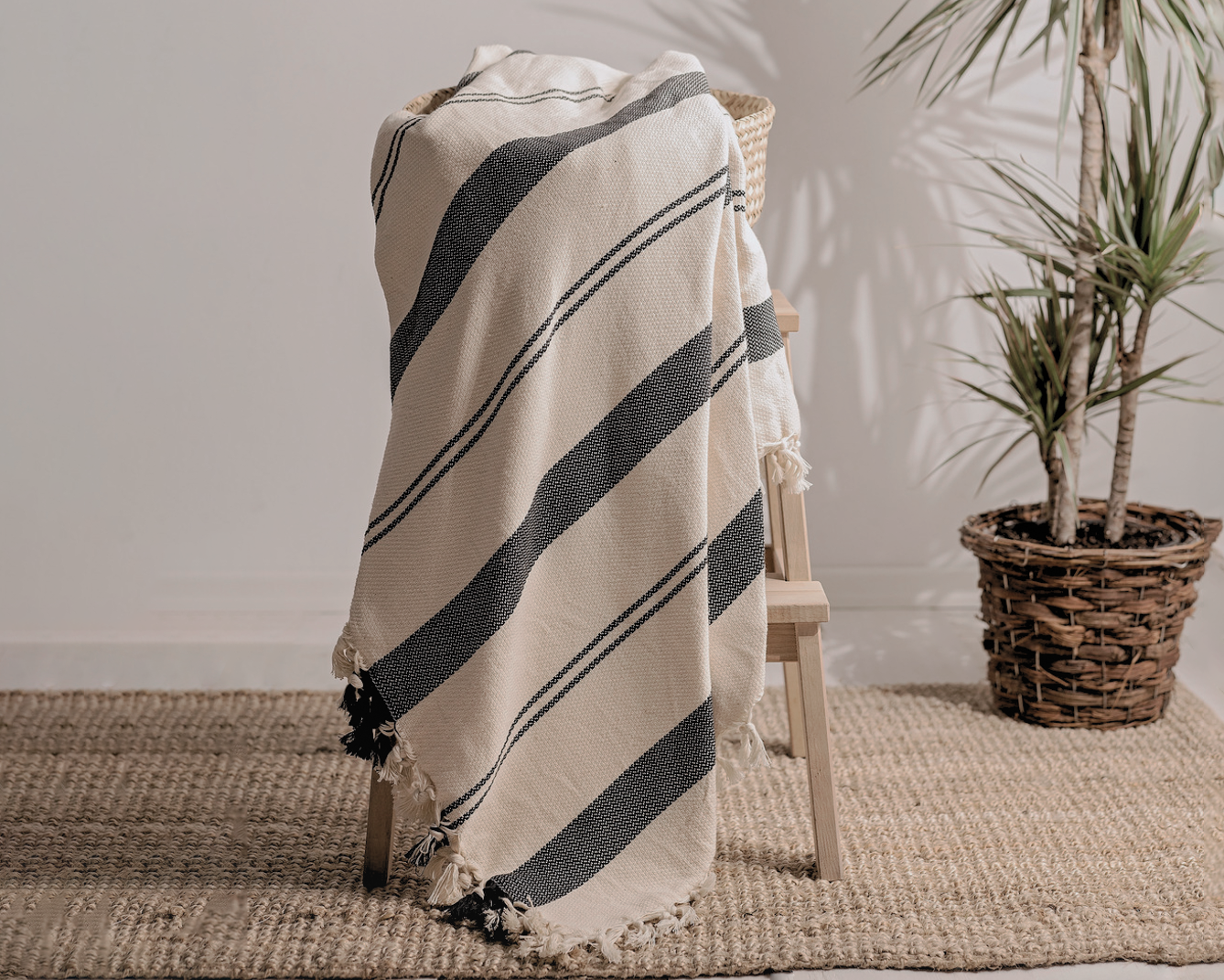 Minimalist 100% Turkish Cotton Throw Blankets & Bedspreads: Cream Checkered / Throw Size: 51x79 inch
