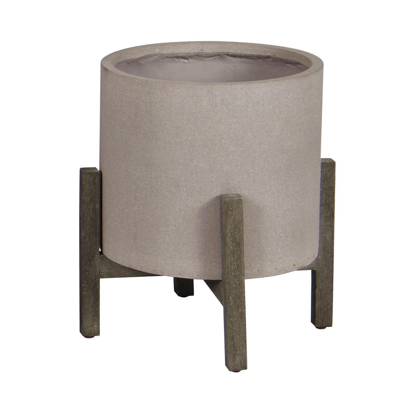Concrete planter with wooden legs on a white background