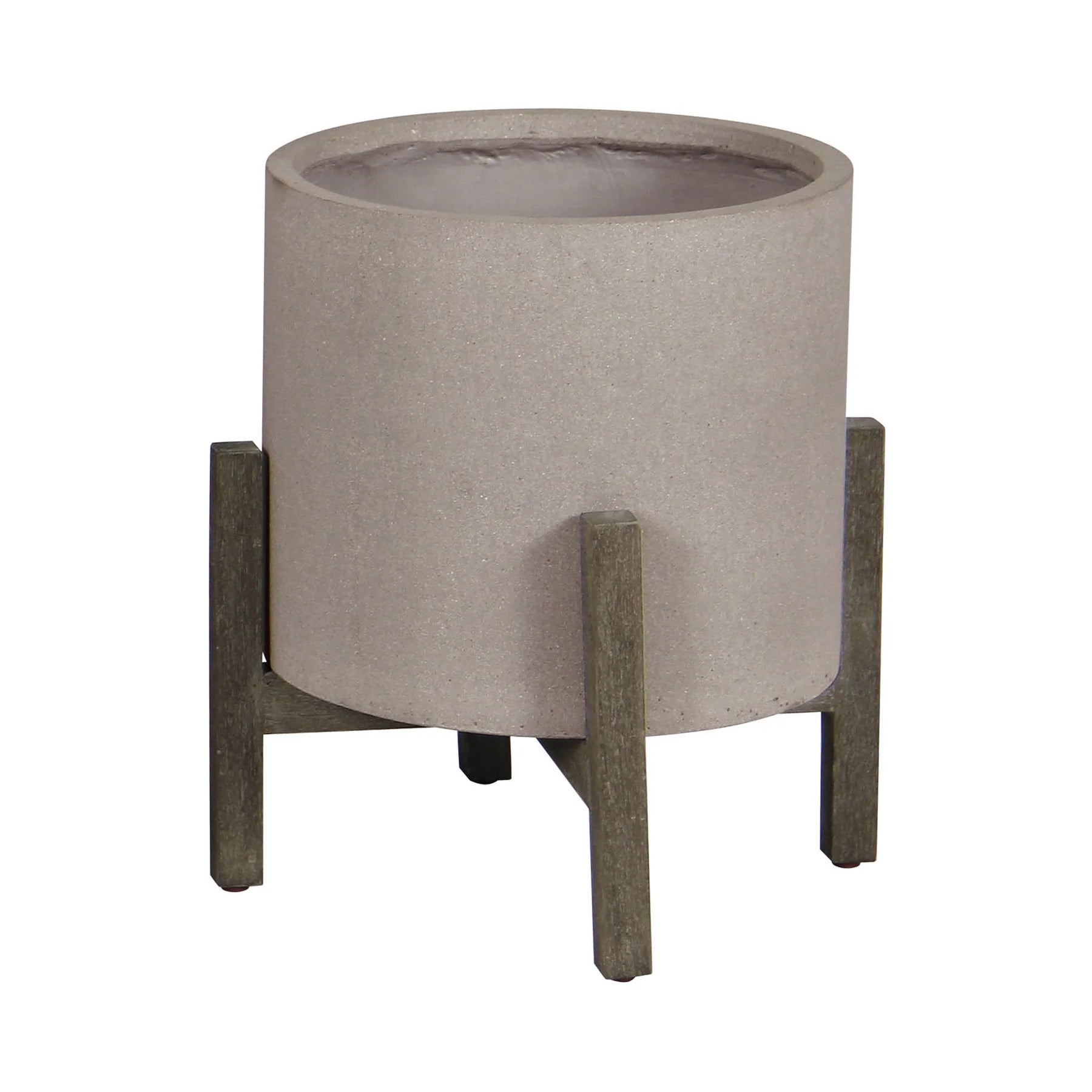 Concrete planter with wooden legs on a white background