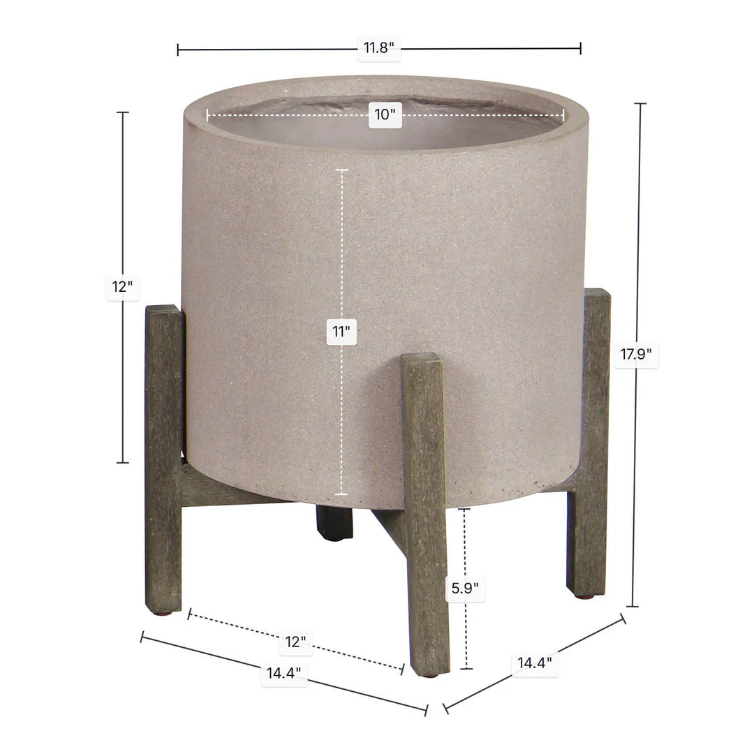 Beige planter with wooden legs on a white background