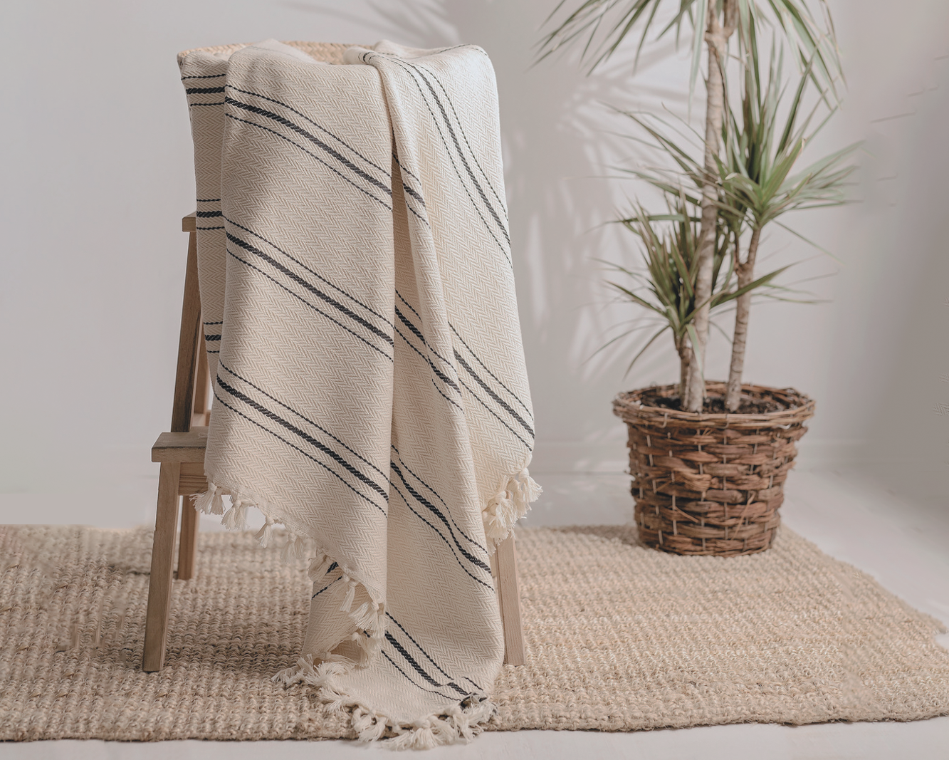 Minimalist 100% Turkish Cotton Throw Blankets & Bedspreads: Cream Checkered / Throw Size: 51x79 inch