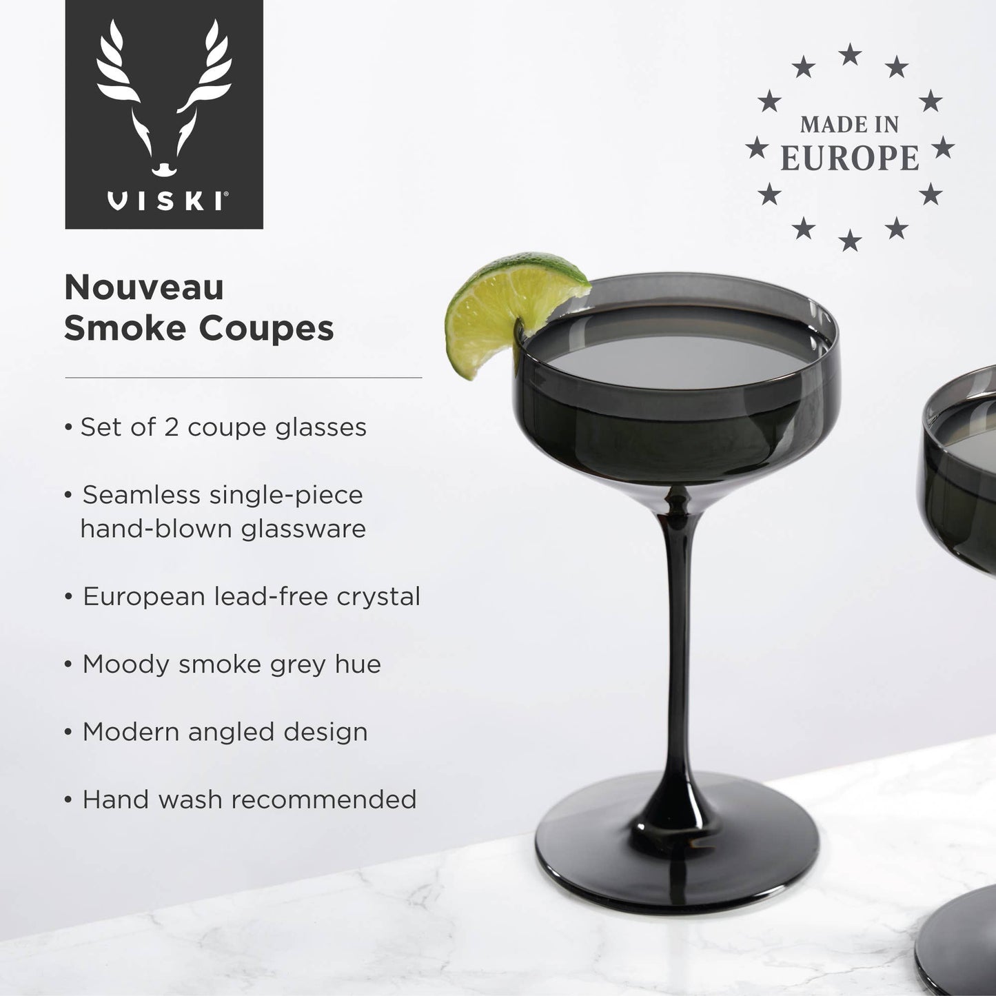 Reserve Nouveau European Crystal Coupes - Smoke - Set of 2