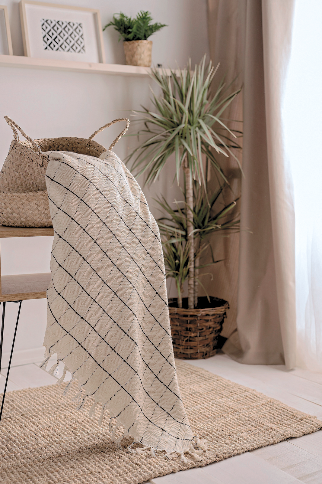 Minimalist 100% Turkish Cotton Throw Blankets & Bedspreads: Cream Checkered / Throw Size: 51x79 inch
